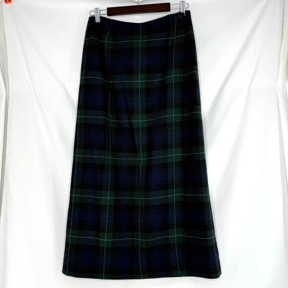 Eddie Bauer Plaid Wool Wrap Maxi Skirt 10 Blue Green Tartan Fall Winter Classic - Picture 1 of 5